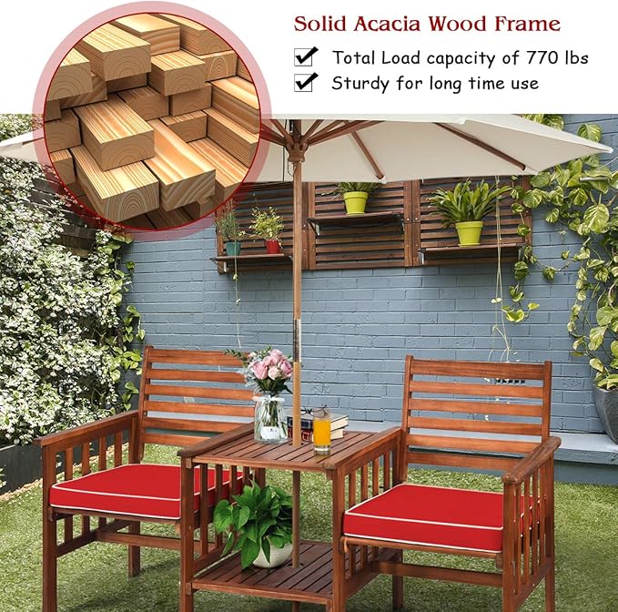 Tangkula Acacia Wood Loveseat, 3pcs Outdoor Table Chairs Set, Patio Conversation Set w/Coffee Table and Soft Cushions, 2.1-inch Umbrella Hole, 2-Seater Furniture Set (Red)