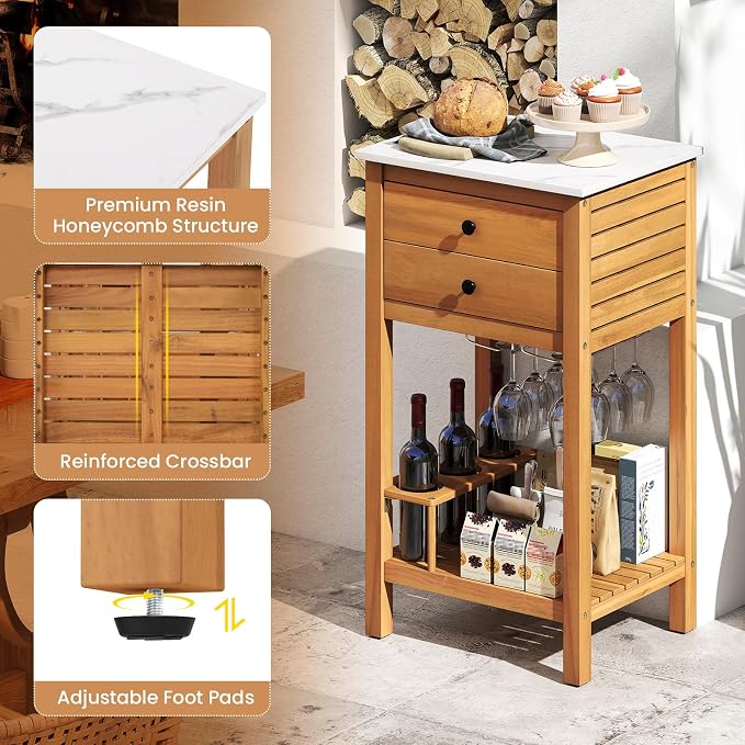 Giantex Acacia Wood Outdoor Side Table, Patio Buffet Cabinet Bar Table with Faux Marble Countertop, 2 Drawers, Glass & Wine Holders, Patio Storage Cabinet for Garden, Backyard