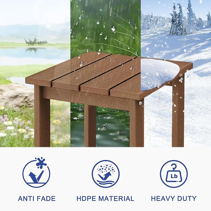 LZRS Patio End Table, Heavy Duty HDPE Outdoor Coffee Table with Wood Texture, Weatherproof Composite Table for Adirondack Chairs, Deck, Pool, Indoor/Outdoor, No Peeling or Cracking(Brown)