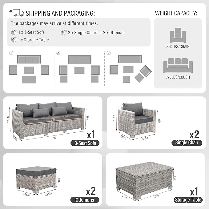 WAROOM Patio Furniture Set 6 Piece PE Rattan Outdoor Conversation Sets Grey Wicker Couch Sectional Sofa with Storage Coffee Table and Grey Cushion