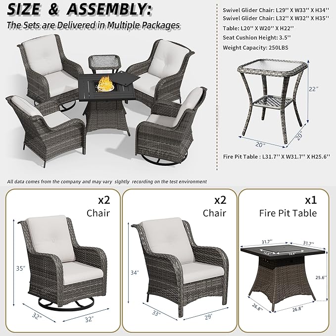 6 Pcs Patio Furniture Set with Fire Table-31'' Fire Pit Table, 1 Side Table, 4 Outdoor Rattan Wicker Conversation Chairs (2 Fixed & 2 Swivel) （Beige）