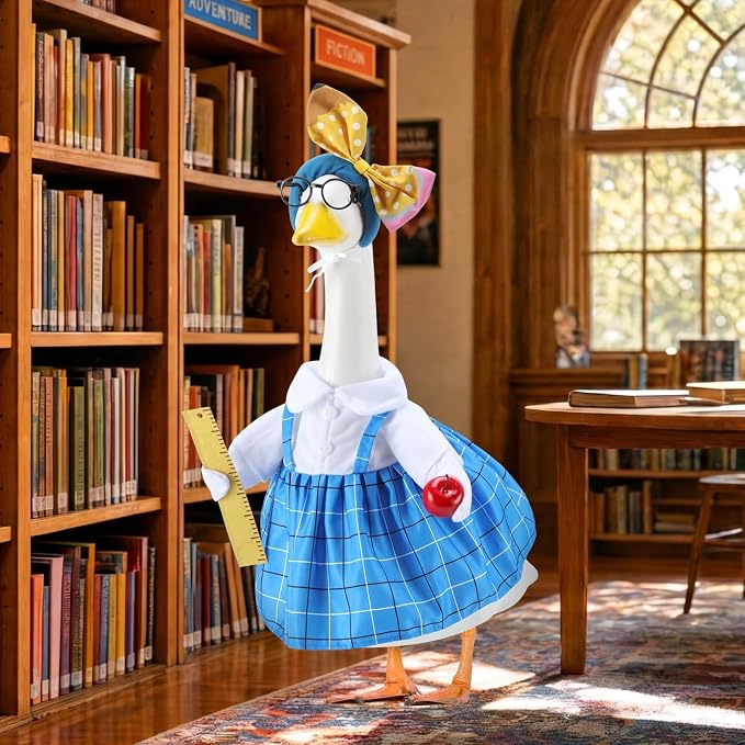 Back to School Porch Goose Outfits for 23 Inch Statue, Teacher Costume for Cement Statue, Duck Sculpture Clothes for Classroom Patio Decoration