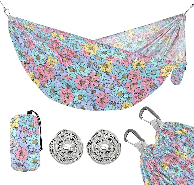 Camping Hammock Outdoor Hammocks for Outside Spring Flowers Beach Trees Portable Lightweight with Pockets Tree Straps Indoor