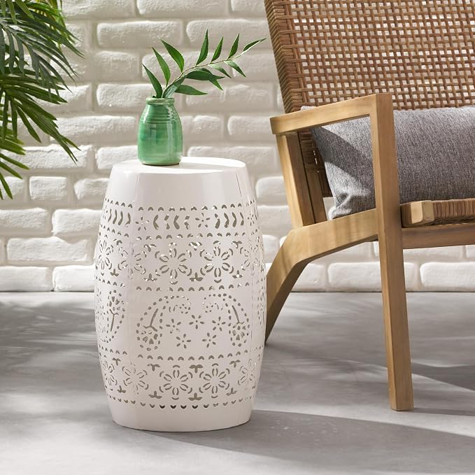 12" Outdoor Side Table, Metal Cutout Drum Side Table, Patio Garden Stool | Coffee End Tables for Small Spaces, Living Room, Backyard, Poolside