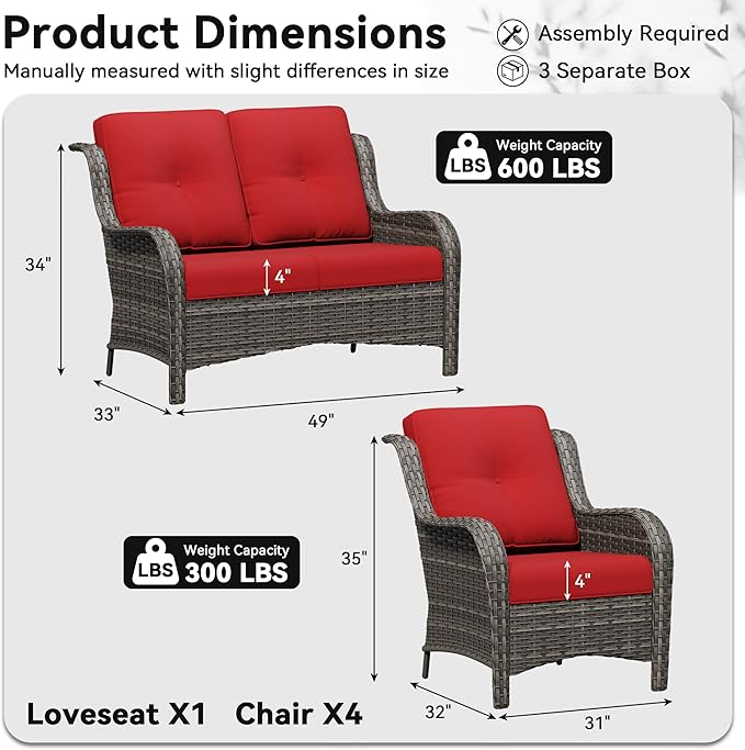 5 Piece Outdoor Wicker Patio Furniture Set, Patio Chairs Set with Thickened Olefin Cushions, High Back and Deep Seating, Hand-Woven PE Rattan for Porch, Deck