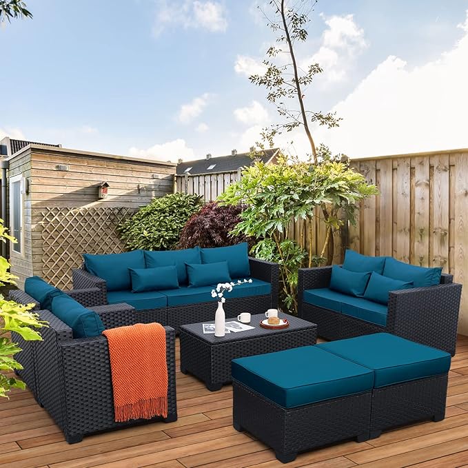 Rattaner Patio Furniture Set 7 Pieces Couch Outdoor Chairs Coffee Table Peacock Blue Anti-Slip Cushions and Waterproof Covers
