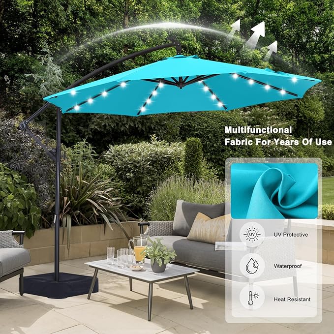ABCCANOPY 10FT LED Patio Umbrellas Cantilever Umbrella with base, 360° Rotation Outdoor Lighted Offset Umbrella Bonus Fix Frame & Weights Bag for Backyard, Deck, Poolside (Turquoise)