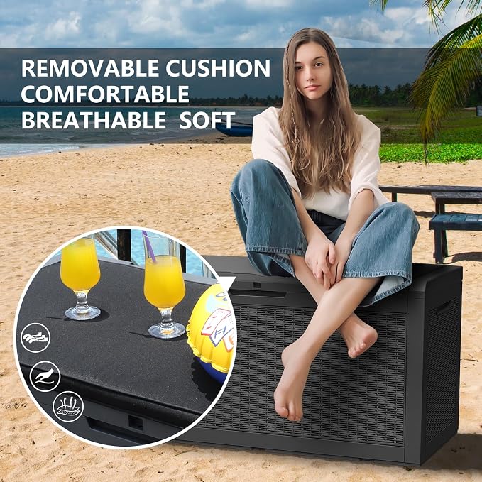 DIKEP 100 Gallon Polypropylene(PP) Deck Box with Cushion, Lockable Outdoor Storage Box for Patio Furniture, Garden Tools, Pool Supplies| Built-in Handles Waterproof Storage Container, Black