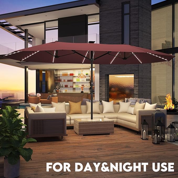 GDPFN 15ft Large Patio Umbrella with Solar Lights, Outdoor Double-Side Rectangular Umbrella, Backyard Pool Umbrella with LED Light for Deck, Outside, Market, Burgundy (Base Not Include)
