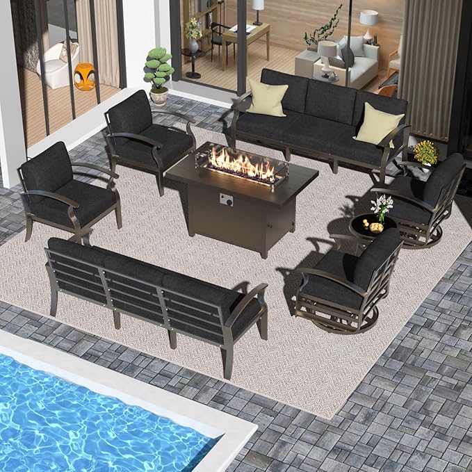 Aluminum Patio Furniture Set with 55,000 BTU Propane Fire Pit Table, 10 Seats Metal Modern Outdoor Furniture w/5.1" Cushions, Sectional w/Swivel Chairs for Backyard, Dark Grey