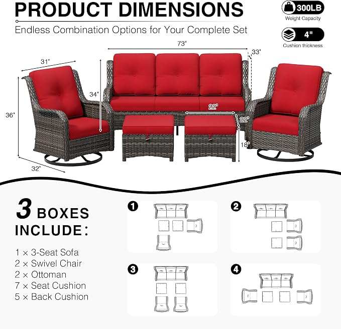 Joyside 5 Piece Wicker Patio Furniture Set, Outdoor Swivel Rocker Patio Chairs with High Back, Deep Seating, Wide Armrest, Thickened Cushions, Outdoor Furniture for Deck, Porch Use