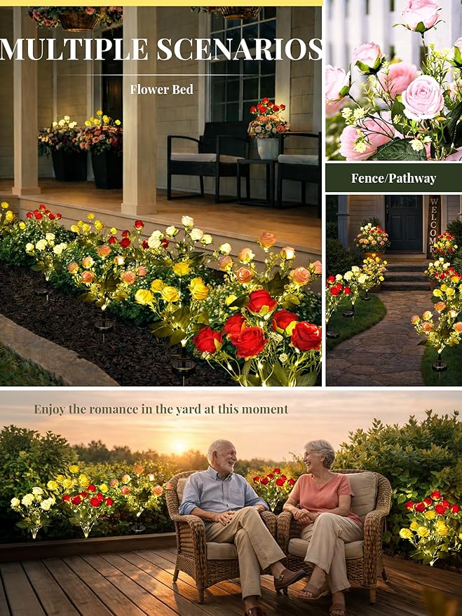 GIGALUMI Solar Lights Outdoor for Garden Decor, 4 Pack Solar Flower Lights Waterproof, 2 Lighting Modes 28 Roses for Pathway,Yard, Patio Decoration, Gardening Gifts for Women (Multi-Colored)