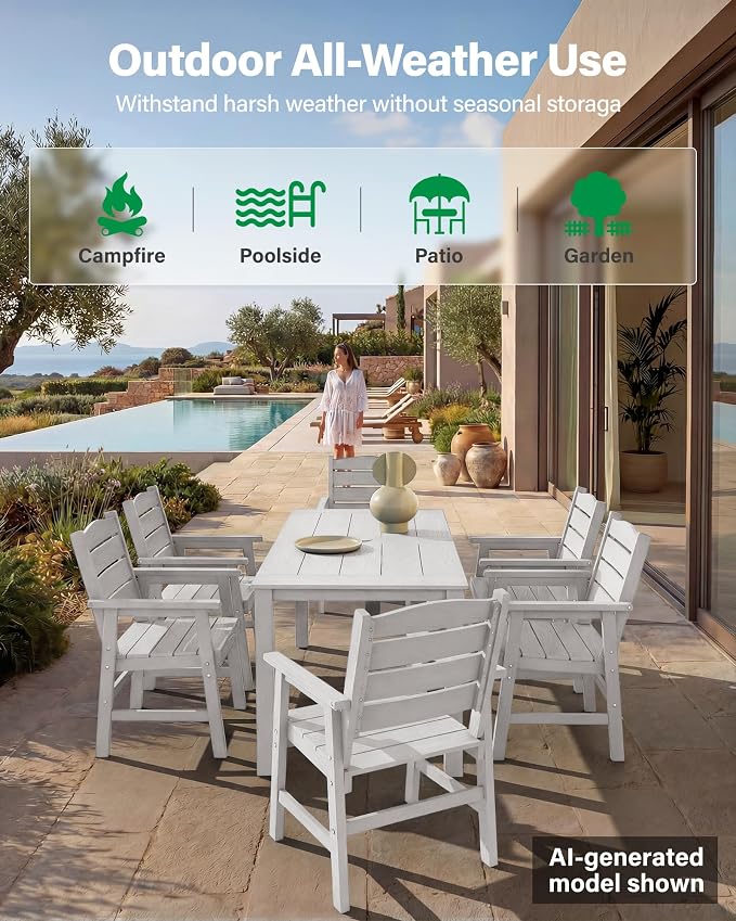 YEFU HIPS Patio Dining Sets: 10-Piece Outdoor Table and Chairs with Umbrella Hole - All-Weather Modern Patio Dining Set for 8 Outside Furniture with Metal Aluminum Frame for Family with Deck White