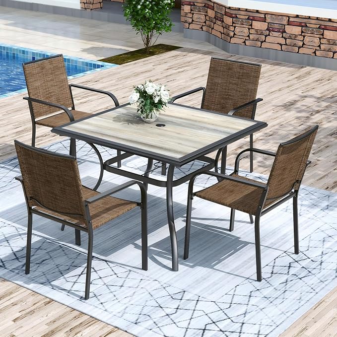 Anmutig 5-Piece Outdoor Patio Dining Set 37 Inch Square Wooden-Like PVC Table with 4 Stackable Chairs for Garden Backyard Brown