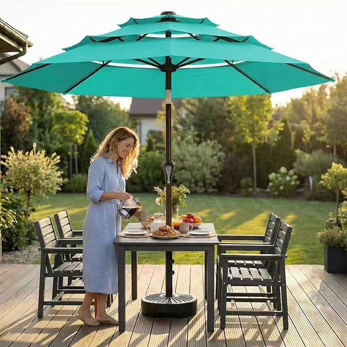 10FT Patio Umbrella 3 Tiers with LED Light Outdoor Market Umbrella w/Push Button Tilt, Crank, UV and Waterproof Table Umbrella for Garden, Pool, Backyard, Deck, Lawn, Turquoise Blue