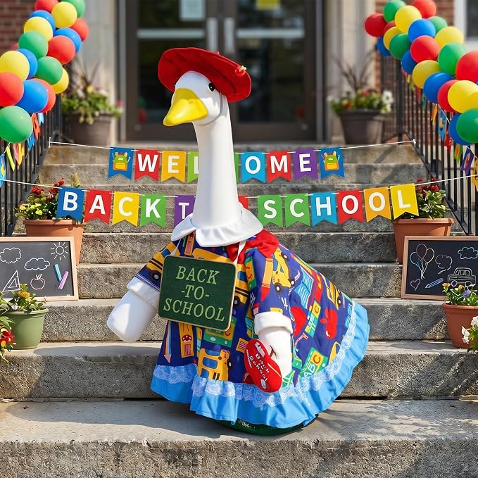 1 Set Back to School Porch Goose Outfit for 23 Inch Lawn Goose Statue | School-Themed Goose Clothes with Dress,Hat,Neck Sign,Apple Felt Sticker & Glue Dots for Patio,Yard,Classroom or Garden Decor