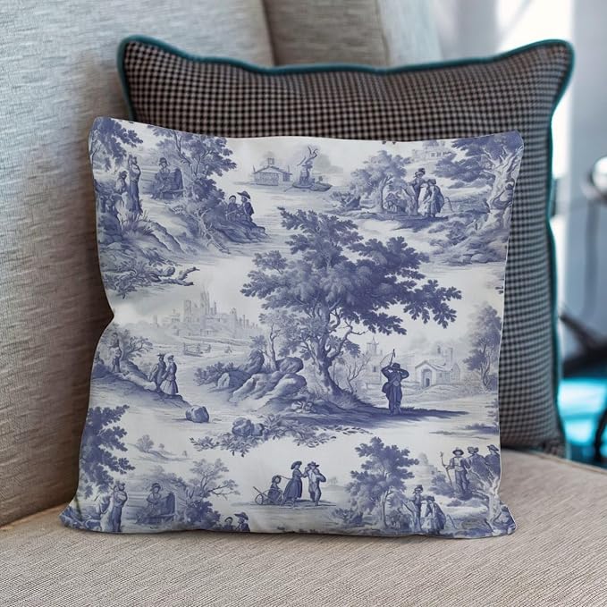 Pillowcase Navy White Blue Decorative Toile Print Cushion Cases Rustic French Charmed Life Toile Pillow Cover Accent Modern Decorative Pillow Covers for Patio Deck Chair 26x26 in