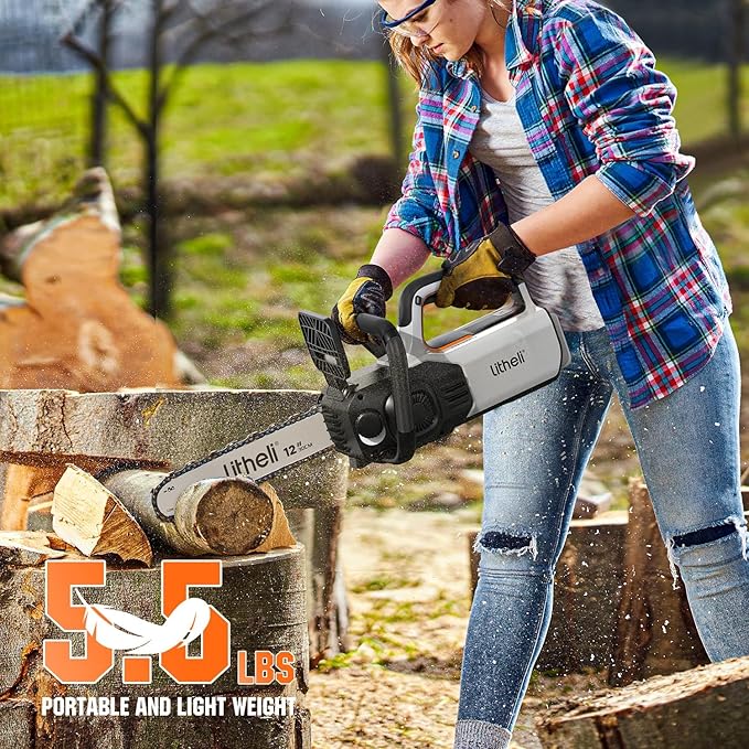 Litheli 12" Brushless Chainsaw 40V 2 x 2.5Ah Battery Chain Saw, Cordless Handheld Battery Powered Chainsaw Electric Auto-Lubrication for Wood Cutting Trimming