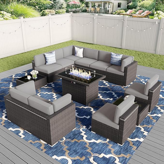 13 Pieces Patio Furniture Set with 44" Propane Gas Fire Pit Table, Outdoor Sectional Wicker Conversation Sofa Sets with Coffee Table