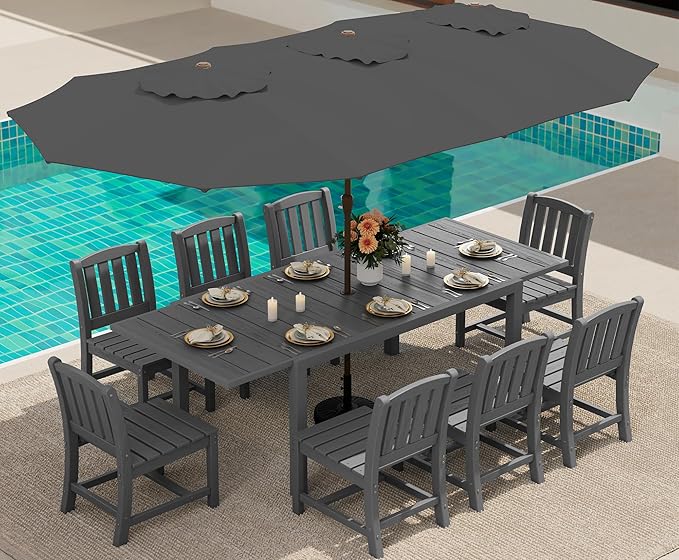 SERWALL 10-Piece Patio Dining Sets with 15FT Patio Umbrella, 60" - 83" Expandable Outdoor Dining Table and 8 HDPE Chairs, All Weather HDPE Outdoor Furniture Set, Grey (Umbreall Base not Included)