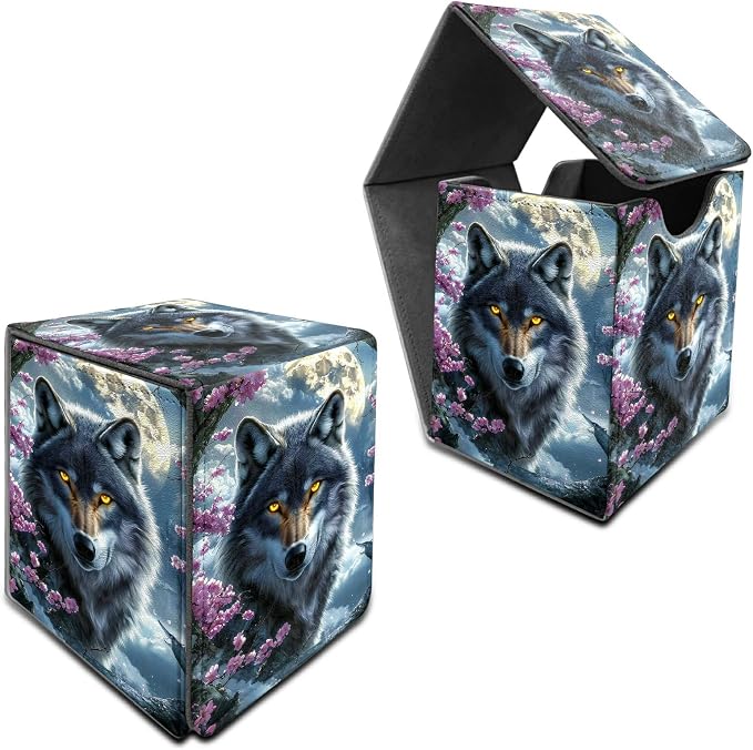 Cherry Blossom Gray Wolf Card Deck Box for MTG, Personalized Card Storage Case Fits 120+ Sleeved Cards, Premium Leather TCG Box with Strong Magnetic Closure for Magic, PTCG, Baseball Cards