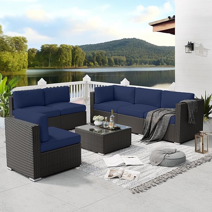 SUNCROWN 7-Piece Outdoor Patio Furniture Sofa Set All-Weather Wicker Sectional Conversation Set with Modern Glass Coffee Table and Cushions-Dark Blue