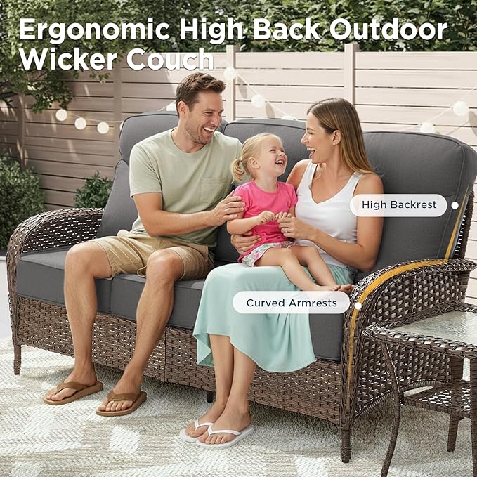 Luxury Outdoor Patio Furniture Set with 6-Inch Thick Cushions, 5 Pieces Wicker Outdoor Furniture with High Back Swivel Patio Chairs Set of 2, Outdoor Conversation Set for Deck Garden Porch, Gray