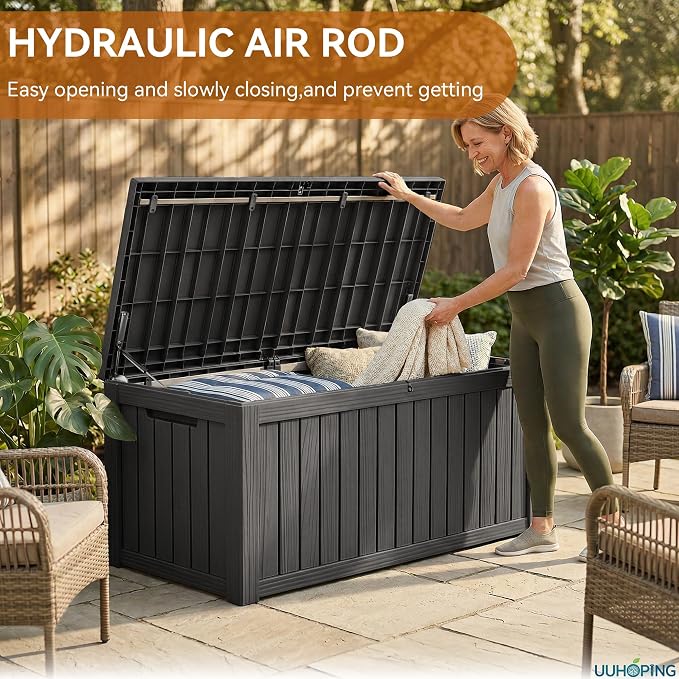 150 Gallon Outdoor Deck Box, Resin Waterproof Storage Box With Lockable Lid, UV-Resistant Multi-Purpose Outdoor Storage Bench for Patio Cushions, Garden Tools, Pool Accessories (Black)