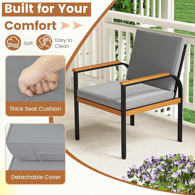 Tangkula 4 Pieces Patio Furniture Set, Outdoor Conversation Set with Acacia Wood Coffee Table, Cushioned Loveseat & 2 Single Armrest Chairs, for Porch, Garden, Backyard, Poolside