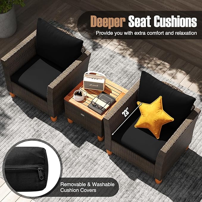 HAPPYGRILL 3-Piece Patio Conversation Furniture Set Outdoor Wicker Sofa Set with Soft Cushions & Coffee Table for Balcony Backyard Porch