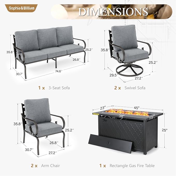 Sophia & William Patio Conversation Set for 7, 3-Seater Sofa, 2 Fixed Chairs, 2 Swivel Chairs and a 45" Fire Pit Table, Metal Outdoor Furniture with 5.75" Extra Thick Cushions, Grey