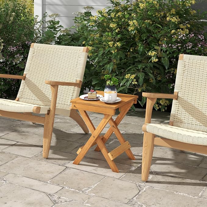 HAPPYGRILL Outdoor Folding Side Table Wood Square End Table with X-Shaped Legs, Slatted Tabletop, 14” Compact Outside Table, Portable & Lightweight Patio Coffee Table for Backyard Picnic Camping