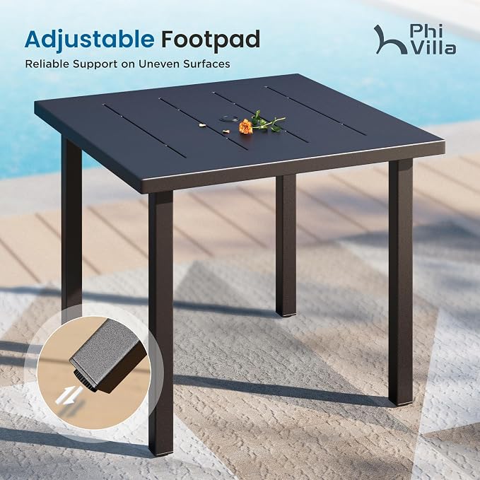PHI VILLA 34" Outdoor Patio Table for 4, Slatted Wrought Iron Dining Table with Umbrella Hole, Minimalist Outside Metal Furniture for Deck, Porch, Backyard - Black
