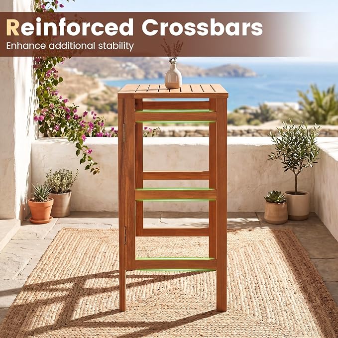 HAPPYGRILL Acacia Wood Folding Bar Table Outdoor Counter Height Patio Dining Table with Slatted Tabletop, for Outside Balcony Garden and Backyard