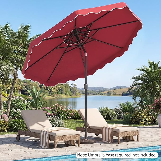 Happygrill 10 FT Patio Umbrella, Scalloped Outdoor Table Market Umbrella with Push Button Tilt & Crank, 2-Tier Vented Top, Heavy-Duty 8 Metal Ribs, Sun-Protective Canopy, Ruffle for Deck Pool Garden (Red)