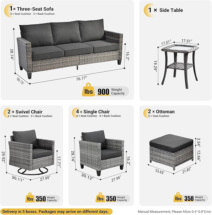 ovios 10 Pieces Patio Furniture Set, Outdoor Wicker Sofa Couch with Swivel Chairs, Rocking Glider Rocker with Comfy Cushions All Weather Rattan Conversation Set, Black
