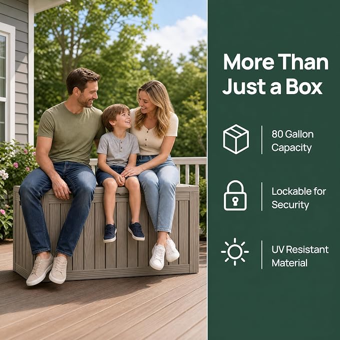 98 Gallon Large Deck Box, Waterproof Resin Outdoor Storage Box Lockable, Patio Storage Bench for Furniture Cushions & Garden Tools, 2-Person Seat, UV-Resistant, Gray Brown
