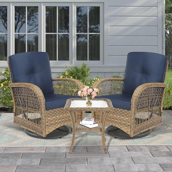 MEETWARM 3 Pieces Outdoor Wicker Swivel Rocker Patio Set, Rocking Chairs Rattan Patio Furniture Sets with Thickened Cushion and Glass-Top Coffee Table, Conversation Bistro Set for Porch (Navy Blue)