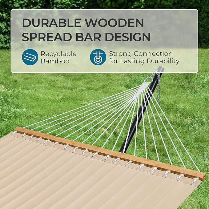 SUPERJARE Hammock with Stand, 2 Person Quilted Outdoor Hammock, Detachable Pillow & Bamboo Spreaders, Portable Hammock with Carrying Bag, Heavy Duty Stand, Perfect for Outside, Patio, Beige