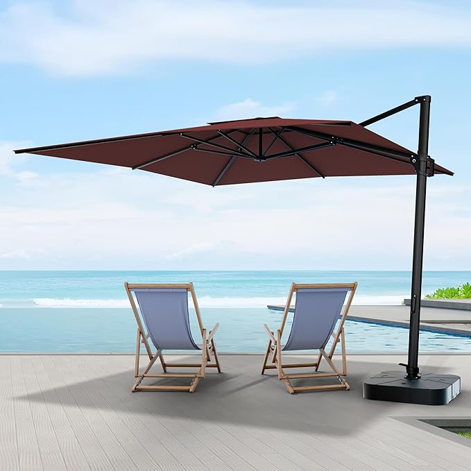 Midtown Umbrellas The Grande Square 9 x 9 FT Outdoor Cantilever Patio Umbrella w/Terylast Cherry (Burgundy) Polyester Fabric - 8 Rib Frame Offset w/Tilt & 360° Rotate Pedal System - Black Frame