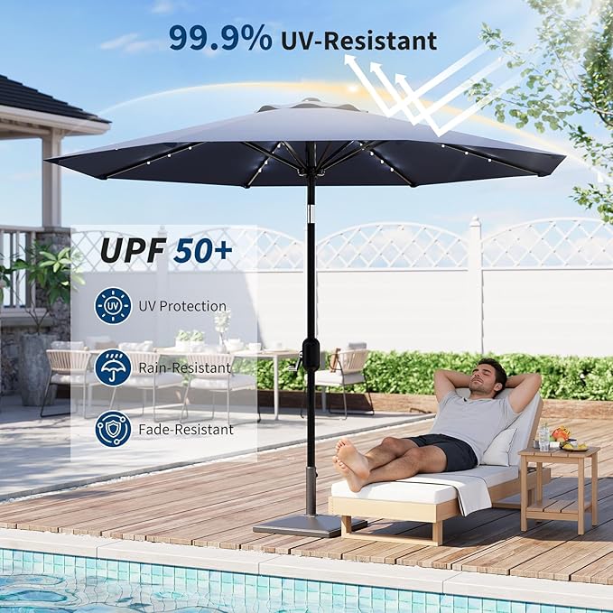 10 ft Patio Umbrella with Solar Lights, Outdoor LED Lighted Umbrella, 40 LED Lights & Tilt Crank, 8 Ribs for Poolside, Deck, Backyard