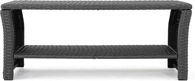 ST Lucia Patio Coffee Table Woven Rattan Open Shelf, Grey | Woven rattan, weather resistant, flat tabletop, open lower shelf, stable 4-corner base