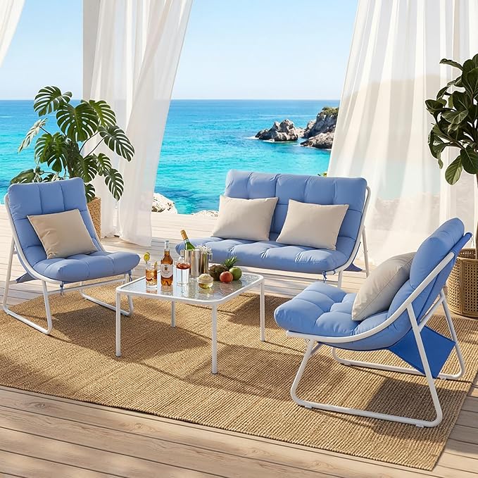Patio Furniture Set, 4-Piece Outdoor Patio Conversation Set with Cushions & Glass Coffee Table, 2-in-1 Metal Patio Sofa Sets for Backyard, Garden, Porch, Poolside, White & Blue