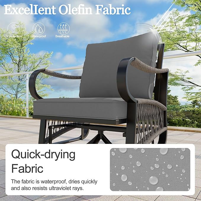 9 Pieces Patio Conversation Sets, All-Weather Metal Swivel Rocking Chairs with Rope Furniture Set, Outdoor Sofa Couch for Deck, Porch, Garden, Backyard, Poolside (Gray Cushions)