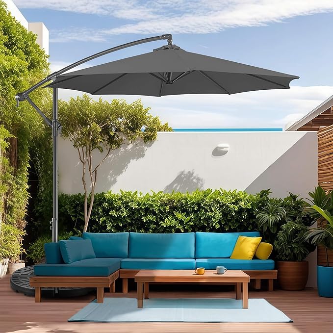 FLAME&SHADE 10ft Cantilever Patio Umbrella Outdoor, Large Offset Umbrella with Crank and Cross Base, UPF 50+ UV Protection Hanging Umbrella for Pool Deck Garden (Anthracite)