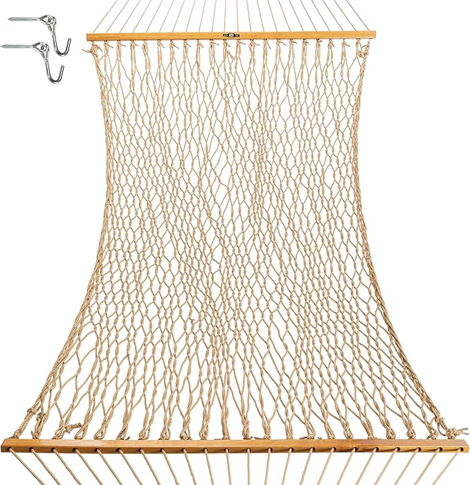 Original Pawleys Island Large Tan DuraCord Rope Hammock – 13 ft. x 55 in., 2-Person, 450 lb Capacity, Oak Spreader Bar, Zinc-Plated Hardware, Handcrafted in the USA