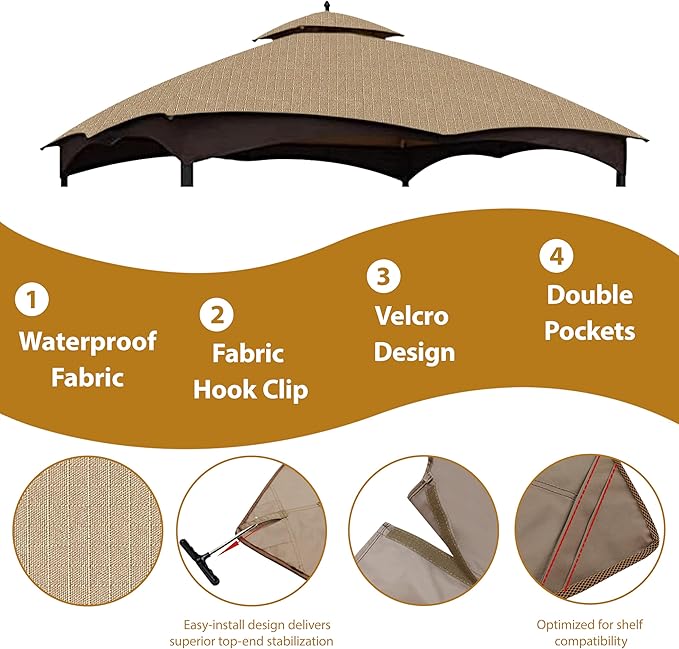 Coastshade Replacement Gazebo Canopy Top for Lowe's Allen Roth Heavy Duty Roof Gazebos Top with Mesh,10x12 Gazebo Cover #GF-12S004B-1, Replacement Top Only (Khaki Plus)