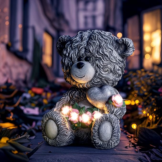 YDKOJGW Solar Garden Outdoor Statues Bear with Heart and Pink Flower and 5 LED Lights-Lawn Decor Bear Statue for Patio, Balcony, Yard Ornament-Unique Housewarming Gifts for Mom, Women