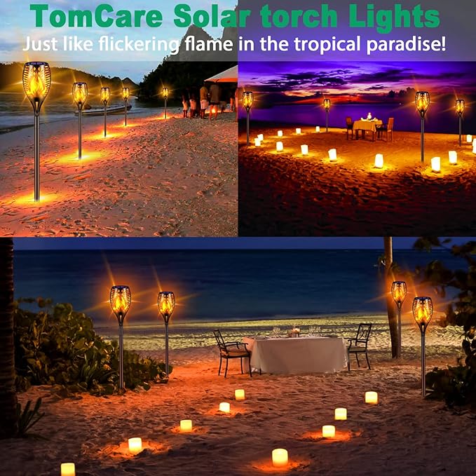 TomCare Solar Lights, 43" Waterproof Flickering Flames 96 LED Torches Outdoor Landscape Decoration Lighting Auto On/Off Pathway Lights for Garden Patio Yard, Black(4)