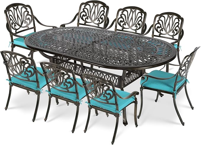 VIVIJASON 9-Piece Outdoor Furniture Dining Set, All-Weather Cast Aluminum Patio Conversation Set, Include 8 Cushioned Chairs and an Oval Table with Umbrella Hole for Lawn Backyard, Ocean Blue Cushion